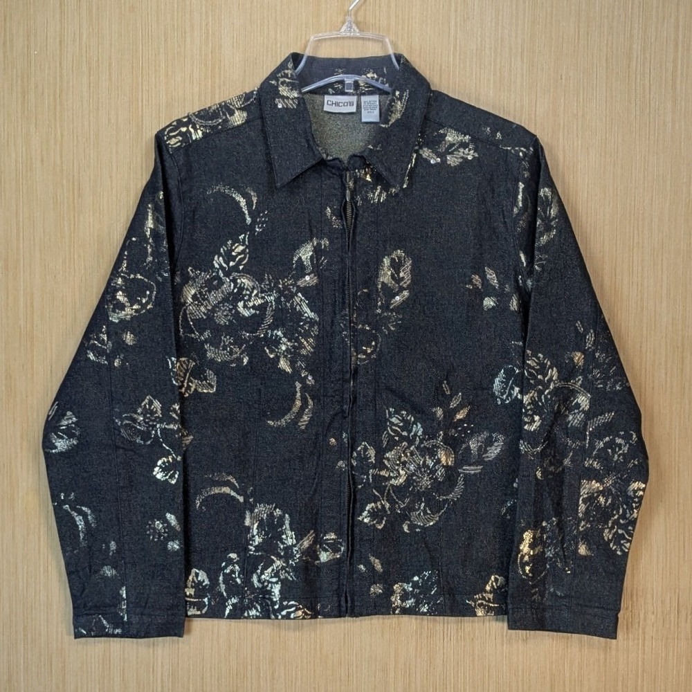 Chicos Denim Jacket Womens Large‎ Embellished Beaded Floral Metallic Funky